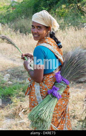 Indische Frauen sammeln Rasen aus dem ländlichen Raum, geschwungene Bürsten zu machen. Andhra Pradesh, Indien Stockfoto