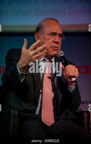 Tel Aviv, 9. Dezember 2013. Generalsekretär der Organisation für wirtschaftliche Zusammenarbeit und Entwicklung (OECD) Angel Gurria befasst sich der 2013 Israel Business Konferenz im David InterContinental Hotel in Tel Aviv, Israel, am 8. Dezember 2013. Der jährliche Globen Business Konferenz, Dez. 8-9, befasst sich mit den wirtschaftlichen Herausforderungen im Jahr 2013 und soll Maßnahmen und Lösungen für eine bessere Zukunft zu erreichen. Die zweitägige Konferenz wird von mehr als 3.000 Teilnehmer aus Israel und der ganzen Welt besucht werden. Bildnachweis: Xinhua/Alamy Live-Nachrichten Stockfoto