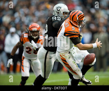 22. November 2009-quarterback - Oakland, CA, USA - Oakland Raiders Richard Seymour Druck Cincinnati Bengals Carsn Palmer in der ersten Hälfte im Oakland Coliseum. (Kredit-Bild: © Paul Kitagaki Jr./Sacramento Bee/ZUMApress.com) Einschränkungen: * USA Tabloid Rechte heraus * Stockfoto