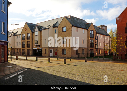 Ein Blick auf eine moderne Wohnsiedlung am Riverside, Norwich, Norfolk, England, Vereinigtes Königreich. Stockfoto