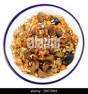 Eine Tajine Schale mit Saudi-arabischen Stil Kabsa von oben geschossen, wäre eine Tomaten-Salsa mit diesem zuzustellen. Stockfoto