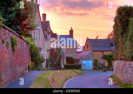 Cotswold Hütten mit Stockrosen und Rosen bei Sonnenuntergang, Mickleton in der Nähe von Chipping Campden, Gloucestershire, England. Stockfoto