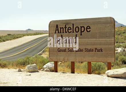 Great Salt Lake - Ortseingangsschild Antelope Island State Park. Utah, USA. Stockfoto