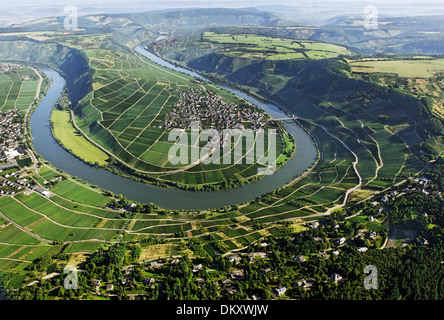 Luftaufnahme, Mosel Schleife in Trittenheim, Saarland Bezirk Trier, Rheinland-Pfalz, Deutschland Stockfoto