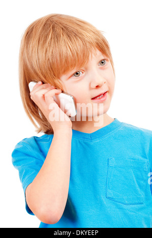 Bildnis eines Knaben, telefonieren mit Handy - Isolated on White Stockfoto