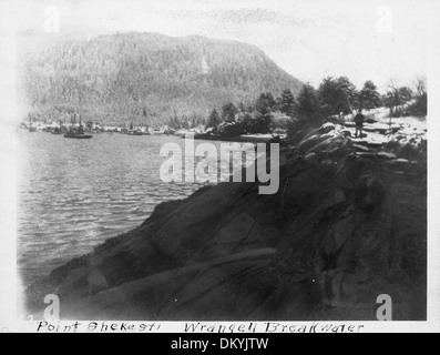 Der Wrangell-Wellenbrecher in Alaska ist vom Ostufer von Point Shekesti aus zu sehen, mit Blick auf die Lage der Bucht in der Landschaft des Südostens Alaskas. Stockfoto