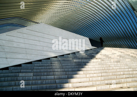 Treppe und Dach eines Bahnhofs in Lüttich, Belgien, mit einer Frau, die auf der Plattform stehen. Stockfoto
