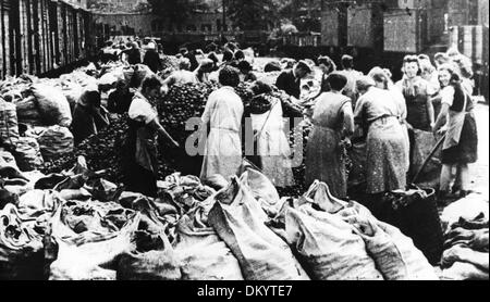 Frauen füllen Kartoffeln in Säcke, nachdem sie mit dem Zug nach Berlin, Deutschland, am Ende des Krieges 1945 angekommen sind. Fotoarchiv für Zeitgeschichte Stockfoto