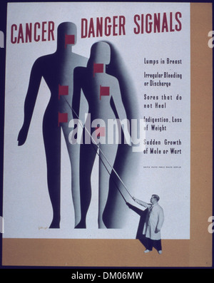 Dieses Propagandaplakat aus dem Zweiten Weltkrieg warnt vor den Gefahren von Krebs und fordert die Öffentlichkeit auf, frühzeitige Warnsignale zu erkennen. Es hebt Gesundheitsbewusstsein als Schlüsselkomponente der Heimfront während des Krieges hervor. Stockfoto