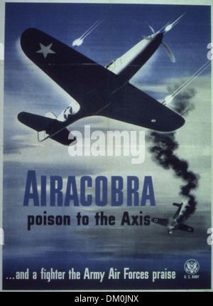 Dieses Propagandaplakat aus dem Zweiten Weltkrieg wirbt für das Kampfflugzeug Airacobra und hebt seine Wirksamkeit gegen die Achsenmächte hervor. Das Poster betont das Lob der Army Air Forces für das Flugzeug, das eine wichtige Rolle bei der Niederlage der feindlichen Streitkräfte während des Krieges spielte. Stockfoto