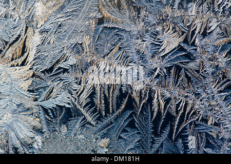 Eiskristalle am Fenster bilden Muster kalten Winter Stockfoto