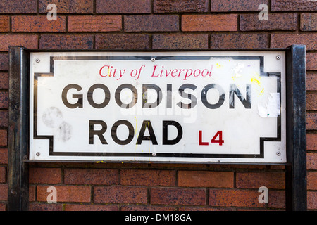 Goodison Road Straßenschild außerhalb Goodison Park Fußballplatz, Liverpool, UK. Stockfoto