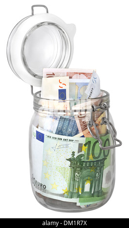 Euro-Banknoten in Glas als Konserven isoliert auf weißem Hintergrund Stockfoto