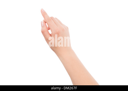 Frau hand berühren oder auf etwas, isoliert auf weißem Hintergrund Stockfoto
