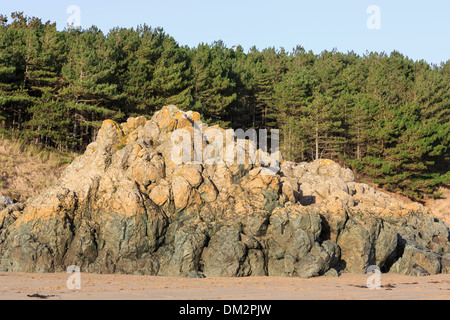 Basaltic Pillow Lavagestein am Llanddwyn Strand in Insel Geopark in Newborough Forest, Isle of Anglesey, North Wales, Großbritannien, ausgesetzt Stockfoto