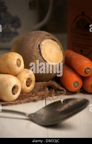 Saisonale Wintergemüse Pastinaken Schwede und Karotten Stockfoto