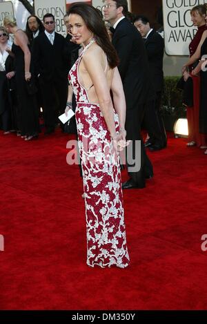 20. Januar 2002 - 59. GOLDEN AWARDS. IM BEVERLY HILTON HOTEL HILLS BEVERLY CA... ANDIE MACDOWELL. FITZROY BARRETT / 20.01.2002 K23865FB (D) (Kredit-Bild: © Globe Photos/ZUMAPRESS.com) Stockfoto