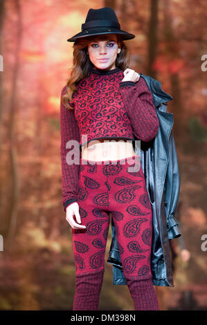 Fashion Model Jade Thompson Modellierung Herbst Mode auf dem Laufsteg Mode Theater an Kleidung Show Live, NEC, Birmingham, UK. 10. Dezember 2013. Bildnachweis: Antony Brennnessel/Alamy Live-Nachrichten Stockfoto