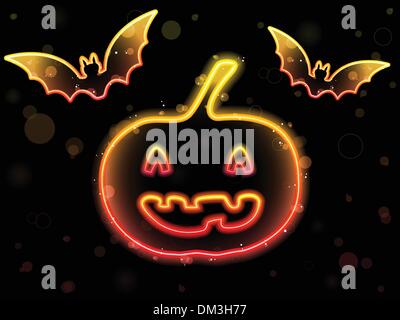 Halloween-Neon-Hintergrund mit Kürbis und Fledermäuse Stock Vektor