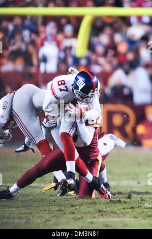 FedEx Field, Landover, Maryland. New York Giants Wide Receiver Domenik Hixon (87) Spielaktion im NFL, ESPN Monday Night Football, zwischen den New York Giants in der Washington Redskins.   Redskins kommen aus einem 34-13 Sieg über die Oakland Raiders am vergangenen Wochenende Riesen verlor gegen die Philadelphia Eagles 45-38 letzten Sonntag Nacht. Riesen besiegen die Skins beim Saisonauftakt Stockfoto