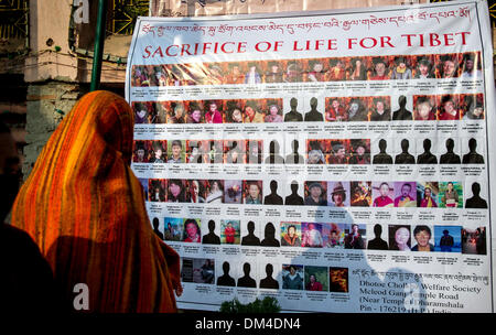14. Januar 2013 - Bodh Gaya, Bihar, Indien - tibetischen Buddhismus im Exil... Besucher und Pilger übergeben Sie eine Anzeige in Bodh Gaya, Indien, der Märtyrer tibetischen Buddhisten begangene Suiside von self-Immolation, chinesische Unterdrückung zu protestieren. Bodh Gaya, religiöse Stätte, Mahabodhi Tempelkomplex ist ein UNESCO-Weltkulturerbe in Gaya-Distrikt im indischen Bundesstaat Bihar., wo Gautama Buddha, unter dem Bodi Baum erleuchtet wurde... Zusammenfassung der Geschichte: der tibetische Buddhismus ist gesund und munter, außerhalb von Tibet. Die Religion und die Kultur des tibetischen Volkes blüht in den Gemeinden auf der ganzen Welt als Exil Tibet Stockfoto