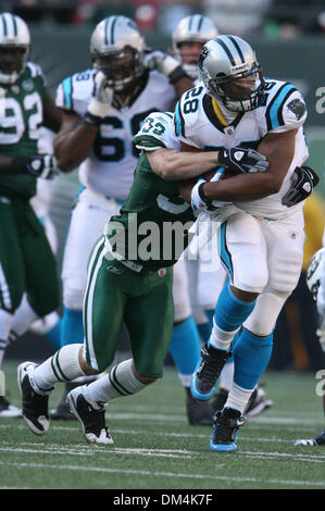 29. November 2009 - East Rutherford, New Jersey, USA - 29. November 2009: Carolina Panthers Runningback Jonathan Stewart #28 ist durch New York Jets Cornerback Justin Miller #32 während des Spiels zwischen den Carolina Panthers und der New York Jets im Meadowlands Sports Complex in East Rutherford, New Jersey in Angriff genommen.  Die Jets führt die Panthers 14-3 bei der Hälfte... Obligatorische Credit - Alan Maglaq Stockfoto