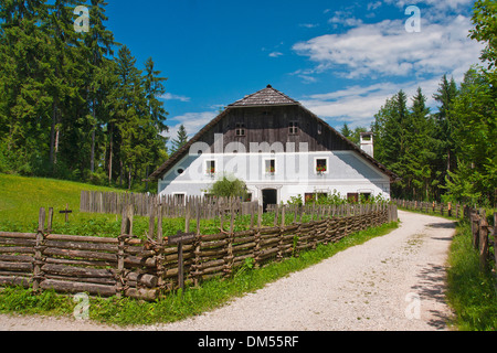 Österreich Austria Salzburg Land Land Museumshaus Hausbau Bau historischen alten Bauernhaus Fenster Blumen Geranien Stockfoto