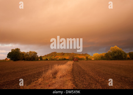 Blick in Richtung Meon Hill über Ackerland mit einem dramatischen Sonnenuntergang, Gloucestershire, England. Stockfoto