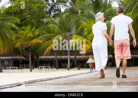 Rückansicht des älteres paar zu Fuß auf hölzernen Steg Stockfoto