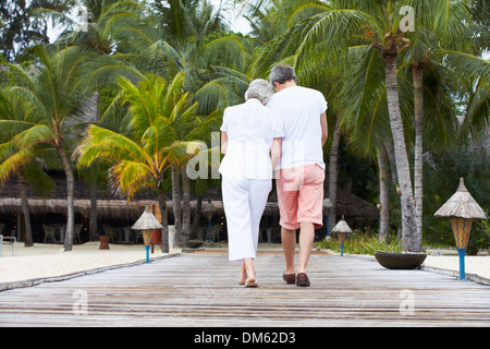 Rückansicht des älteres paar zu Fuß auf hölzernen Steg Stockfoto