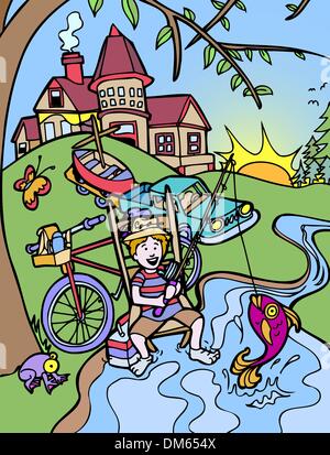 Kinder Abenteuer: Angeln am Fluss Stock Vektor