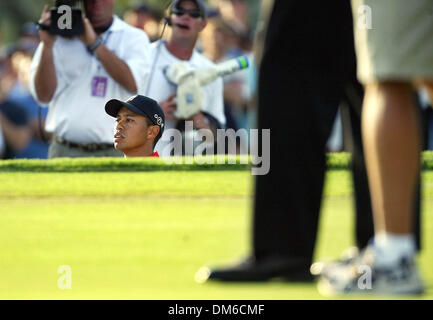 6. März 2005; Miami, FL, USA;  TIGER WOODS blickt aus dem Bunker mit sechzehn Jahren während der letzten Runde der Meisterschaft in Doral, Sonntag März 06 05, in Miami. Tiger und Mickelson Drehgestell das Loch. Tiger besiegt Mickelson von einem Schlag. Stockfoto