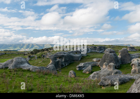 Die Elephant Rocks zwischen Ngapara und Duntroon, Waitaki Valley, Otago, Südinsel, Neuseeland. Stockfoto