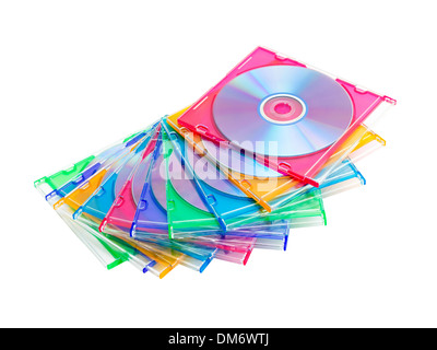 ein Stapel von farbigen DVDs in Kisten isoliert auf weißem Hintergrund Stockfoto