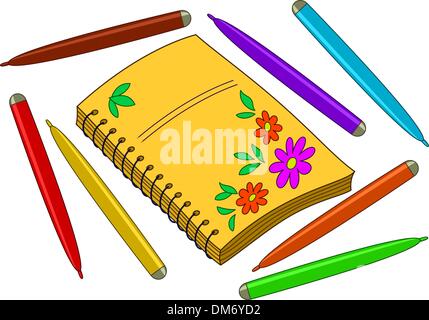 Notebook mit Blumen und Filzstifte Stock Vektor