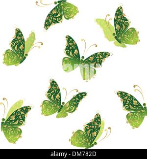 Grüne Kunst Schmetterling fliegen, floral goldenen ornament Stock Vektor