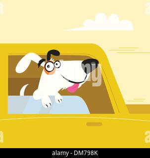 Glücklich schwarzen und weißen Hund unterwegs in gelben Auto Stock Vektor