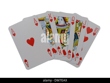 Eine Hand von Spielkarten zeigen einen Royal Flush isoliert auf einem Studio-Hintergrund Stockfoto