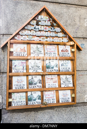 Anzeige der traditionellen keramischen Fliesen Straßennamen als touristische Souvenirs, Madrid, Spanien Stockfoto