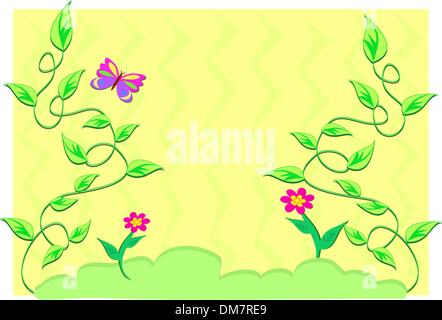 Rahmen von Grünpflanzen, Blumen, Schmetterling Stock Vektor