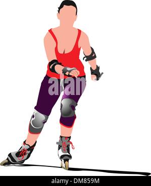 Glückliche junge Frau auf Inline-Skates Skaten. Vektor Interessenvertreter Stock Vektor