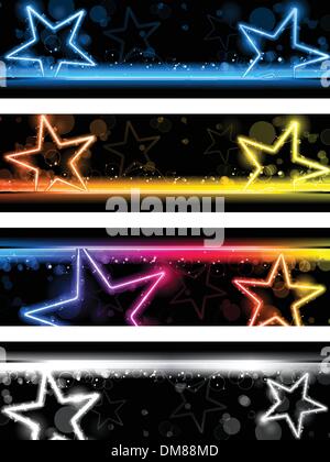 Leuchtende Neon Sterne Banner Hintergrund-Set von vier Stock Vektor