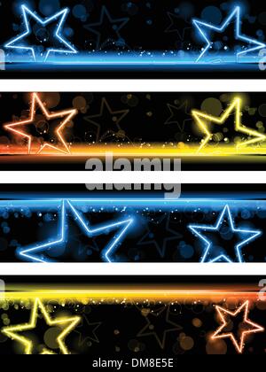 Leuchtende Neon Sterne Banner Hintergrund-Set von vier Stock Vektor