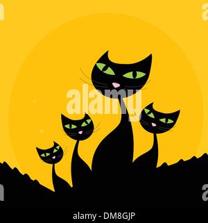 Katze-Familie - schwarze Silhouette auf orangem Hintergrund Stock Vektor