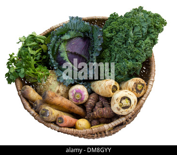 Wurzelgemüse und Kohlgewächse in einem Weidenkorb auf einer weißen Fläche Stockfoto