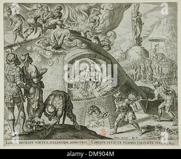 Diese Serie zeigt die biblische Geschichte von Sadrach, Mesach und Abednego, wobei sie ihren Glauben und Mut angesichts der Widrigkeiten in den Mittelpunkt stellt. Das Kunstwerk zeigt ihre Weigerung, das Götzen von König Nebukadnezar zu verehren, und ihr wunderbares Überleben im Feuerofen. Stockfoto