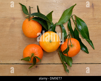 einige Mandarinen auf einem Holztisch gelegt Stockfoto