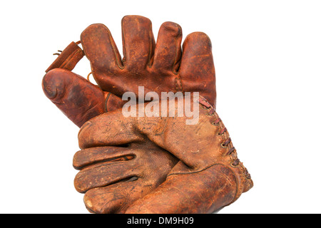 Paar alte und verwitterte Leder Baseball-Handschuhe Stockfoto