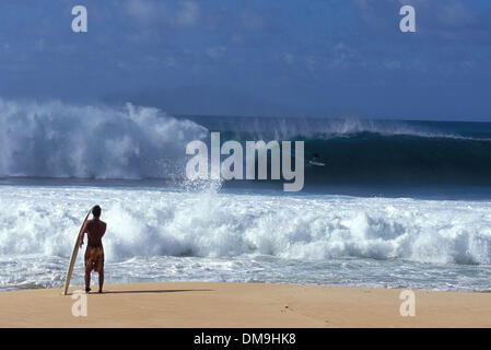 1. Dezember 2005; North Shore, Oahu, Hawaii, USA; Nicht identifizierte Surfer warten darauf, ihren Weg um die Welt-berühmten Surf auszumachen brechen an der Nordküste von Oahu. Pipeline behauptete das Leben des jungen Tahitian Surfer, MALIK JOYEUX am Freitag, 2. Dezember 2005 nachdem er auf die erste Welle einer Reihe ausgelöscht und möglicherweise von seinem Brett bewusstlos geschlagen und ertrank. Obligatorische Credit: Foto von Dan Stockfoto