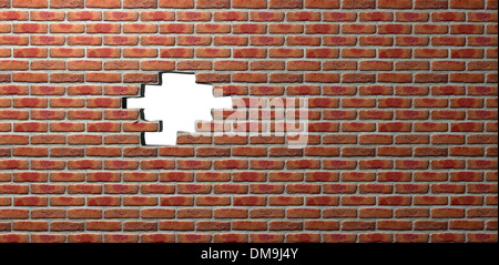 Ein flaches Gesicht Ziegel Wand Textur mit einer Portion verpasst der Mitte ein Loch durch einen weißen Hintergrund erstellen Stockfoto